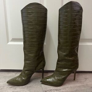 SCHUTZ- Maryana Boot Military Green Crocodile-Embossed Leather